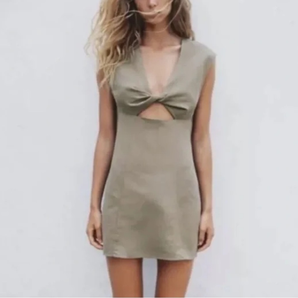 ZARA Mini Dress Cut-Out Sleeveless Plunge-Neck Women’s XS Taupe Linen-Blend